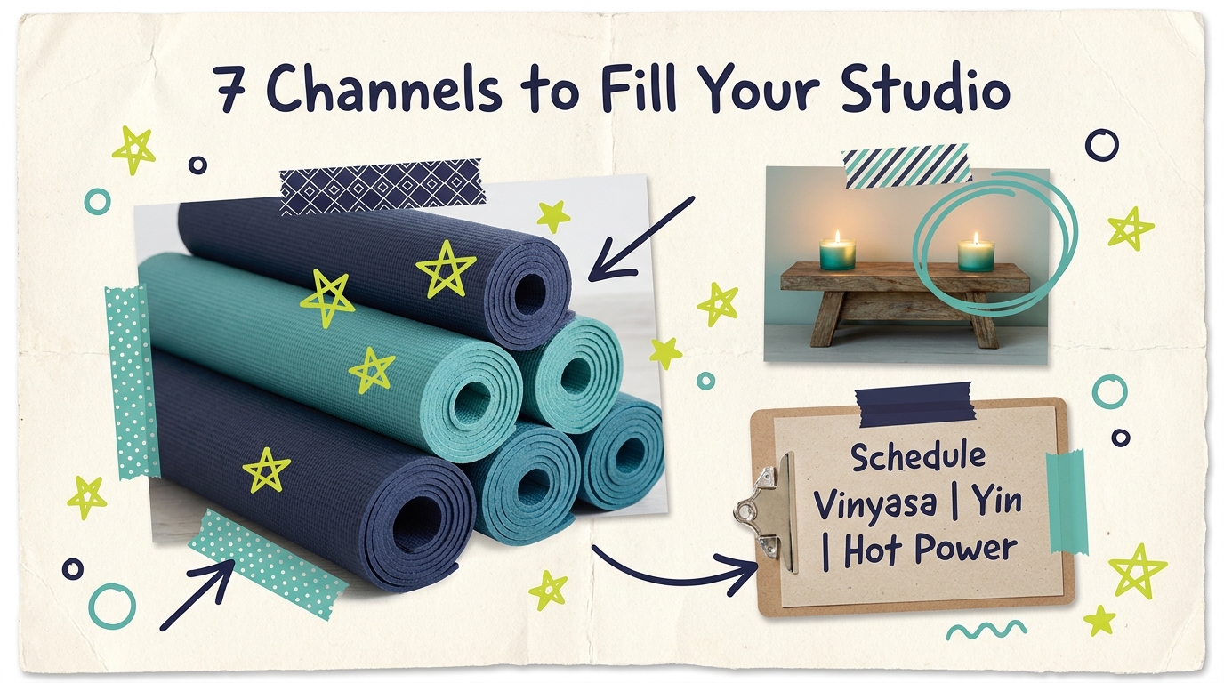 Yoga studio scene with rolled mats and class schedule, scrapbook style