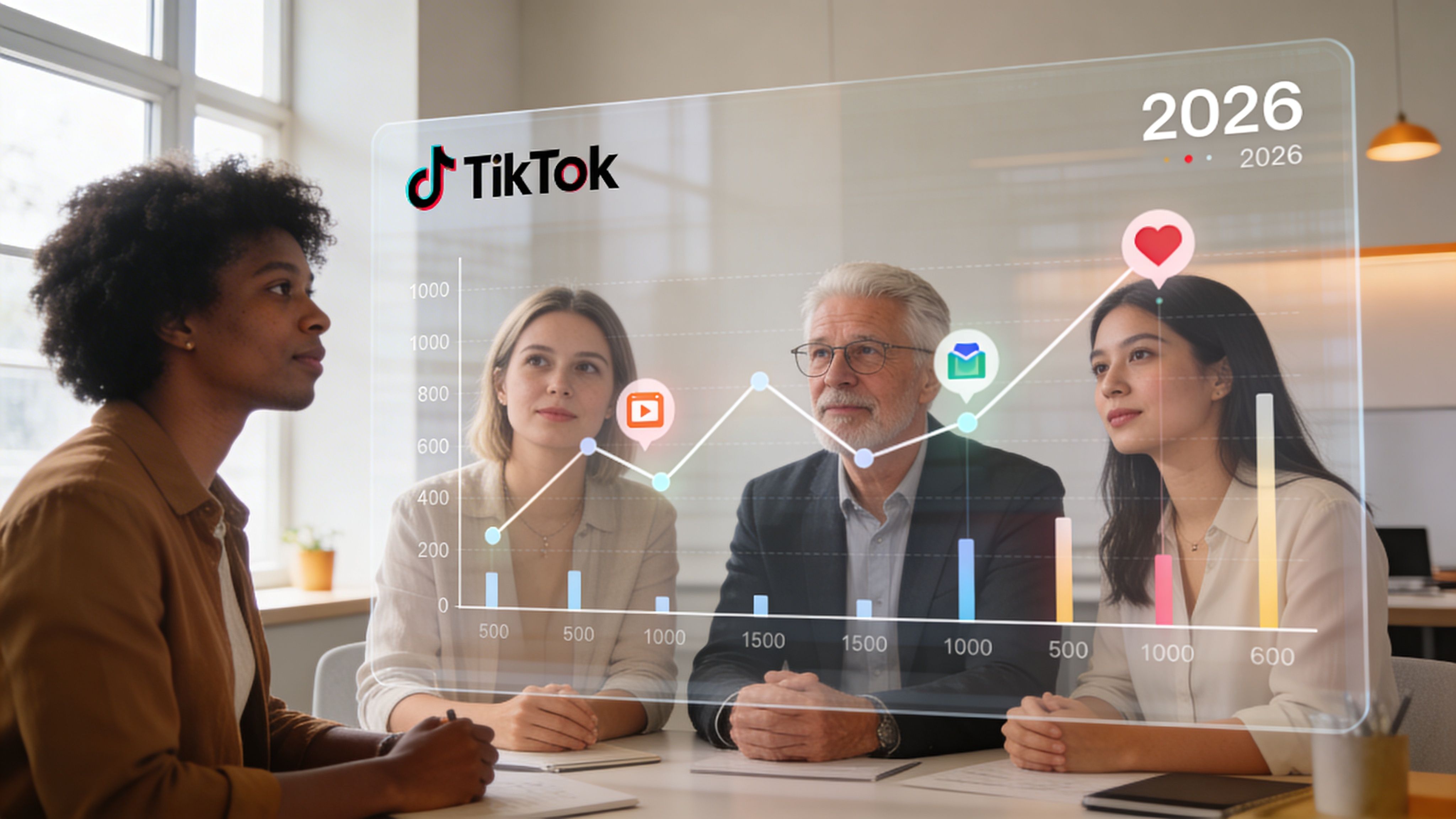 A diverse group of professionals looking at a transparent digital analytics screen featuring TikTok statistics and trends.