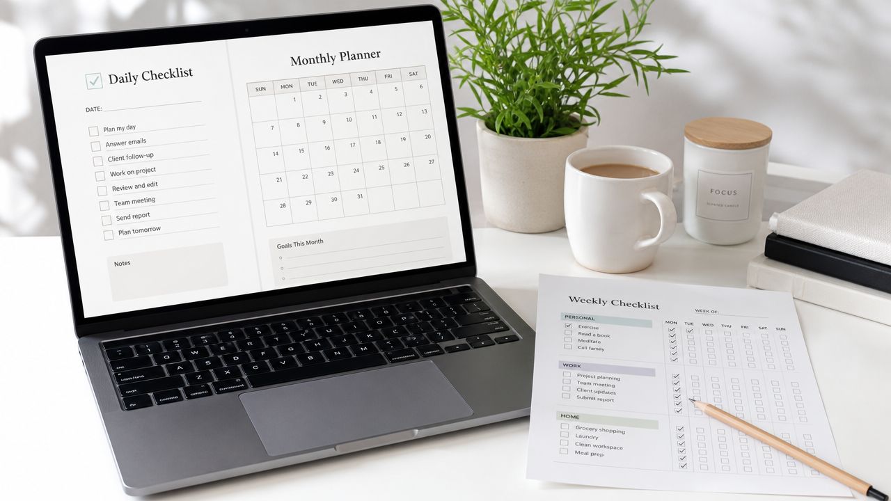 A laptop showing a digital planner next to a paper weekly checklist on a desk.