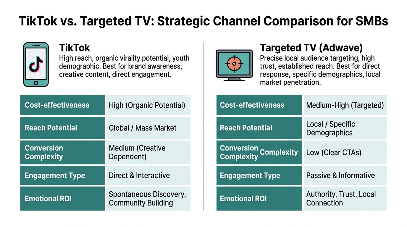A strategic comparison chart for small businesses comparing the marketing advantages of TikTok versus Targeted TV advertising.