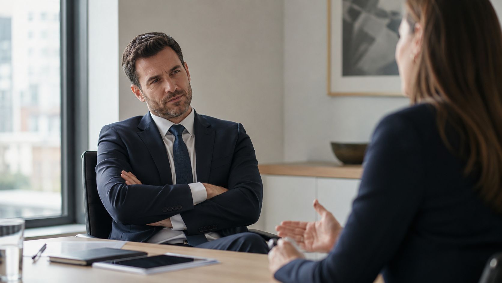 A professional man and woman having a serious business meeting in a bright modern office setting.