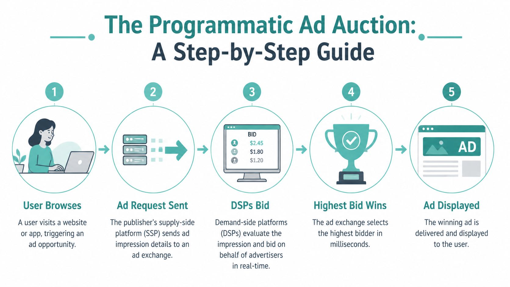 An infographic illustrating the five-step programmatic ad auction process from user browsing to final ad display.