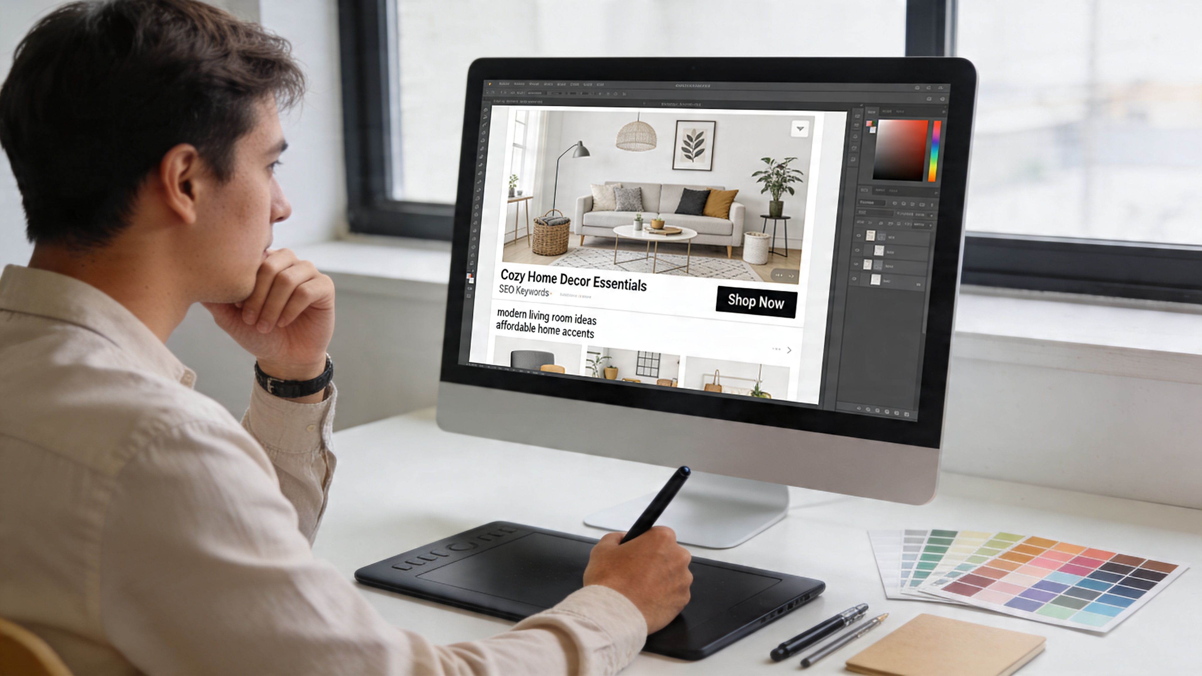 A graphic designer working on a computer screen displaying home decor content for Pinterest marketing strategy.