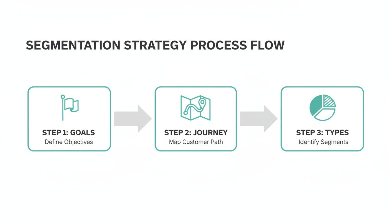 A process flow diagram showing three steps of a segmentation strategy: Goals, Journey, and Types.