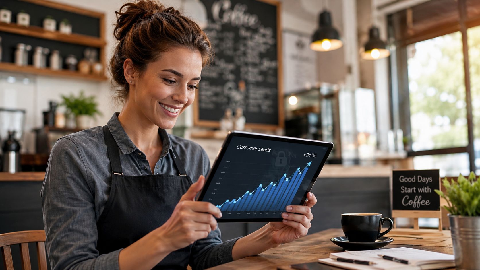 A smiling barista looking at a tablet displaying a positive customer lead data chart in a coffee shop.