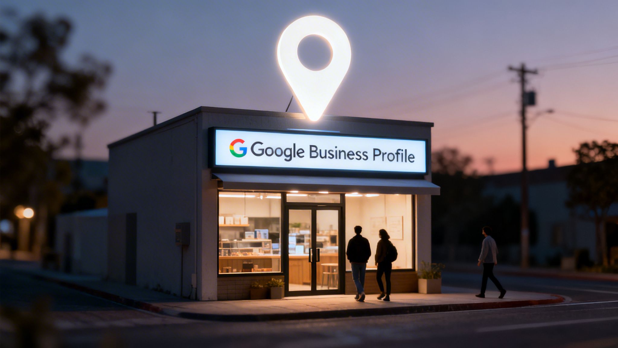 A glowing Google Business Profile sign with a prominent location pin above a modern storefront at dusk.