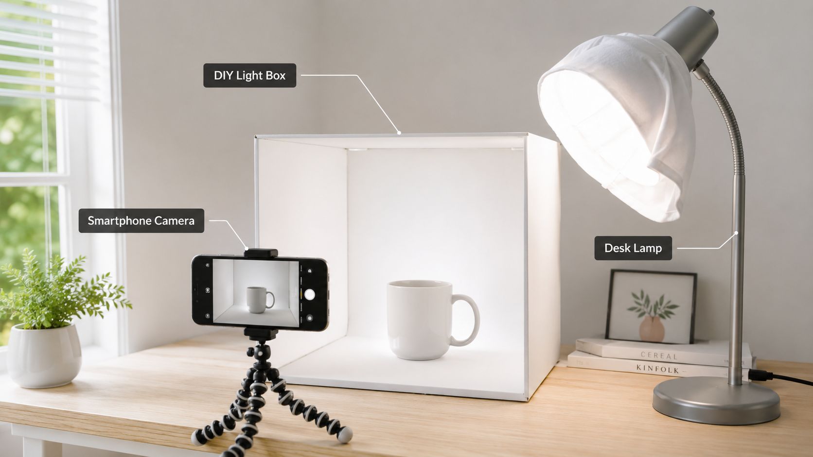 A smartphone mounted on a mini tripod capturing a mug inside a DIY light box for product photography.
